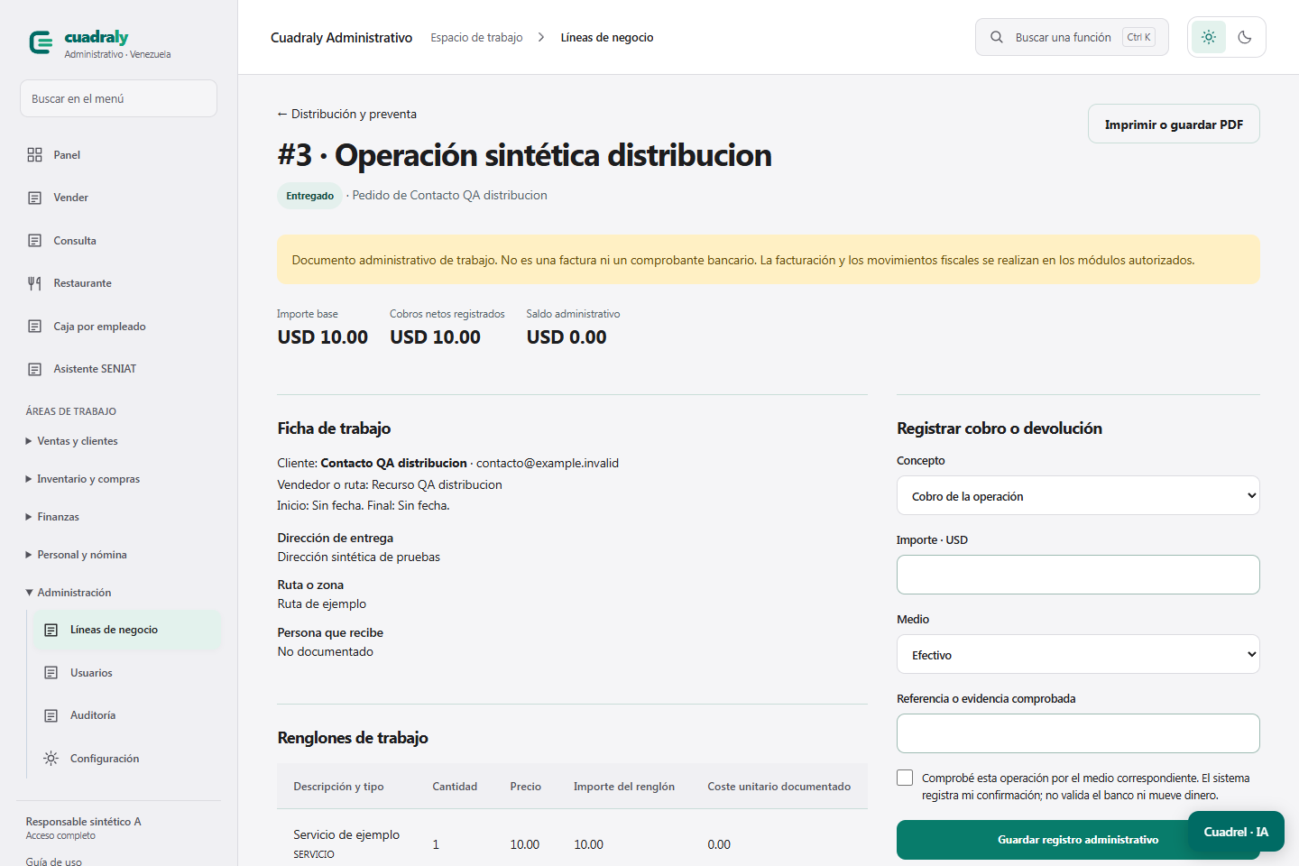 Ficha de trabajo de Distribución y preventa en Cuadraly
