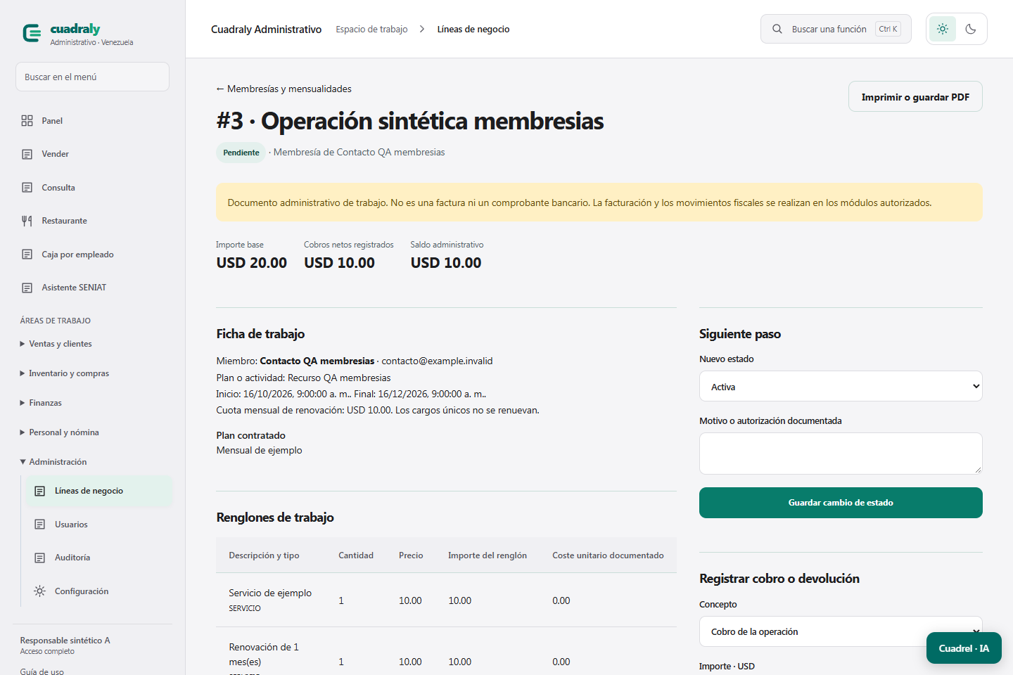 Herramientas de Cuadraly para gimnasio, club o academia deportiva, en el entorno de demostración